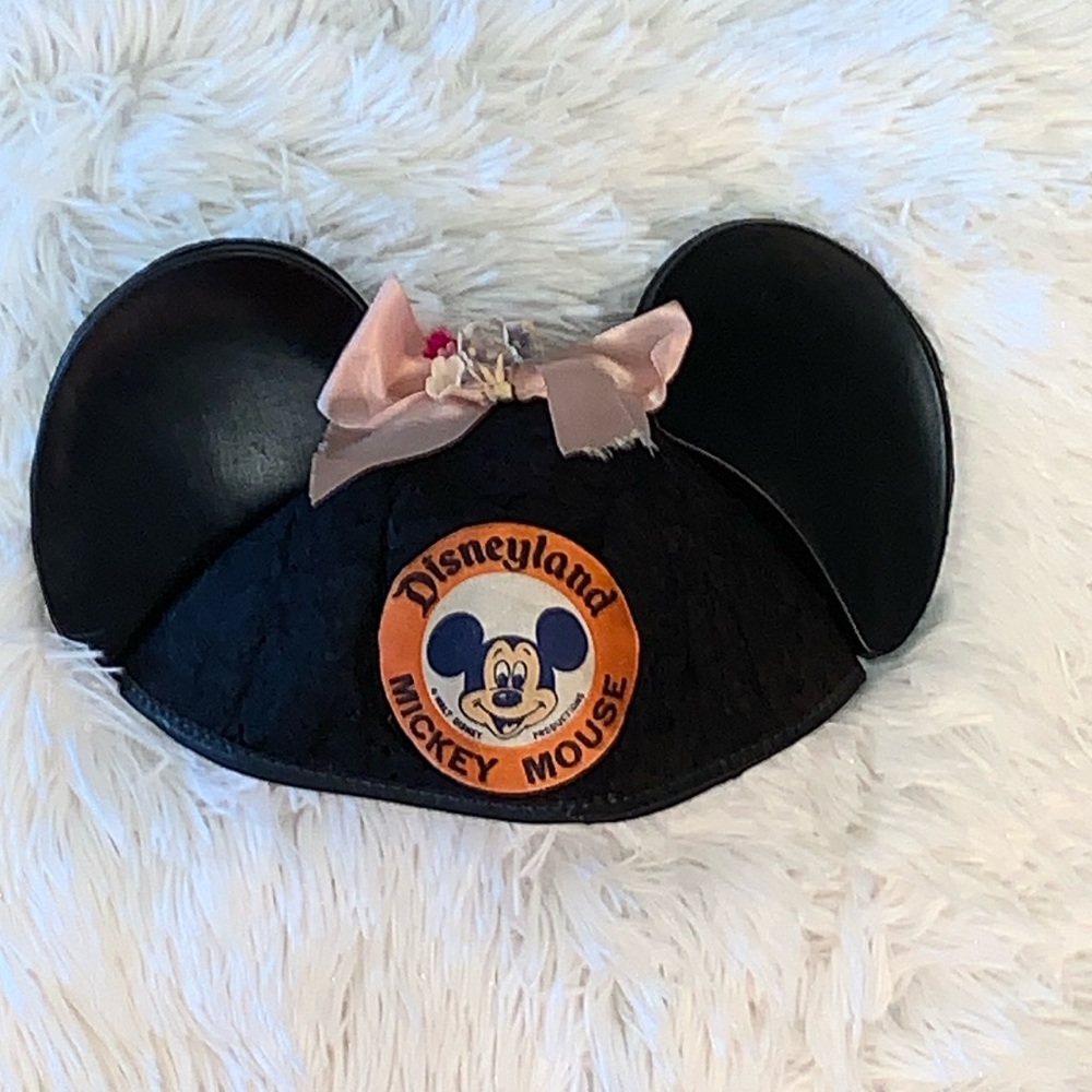 Vintage Disneyland Mickey Mouse Ears, Black Hat with Ears, Bow/Floral, 1970s